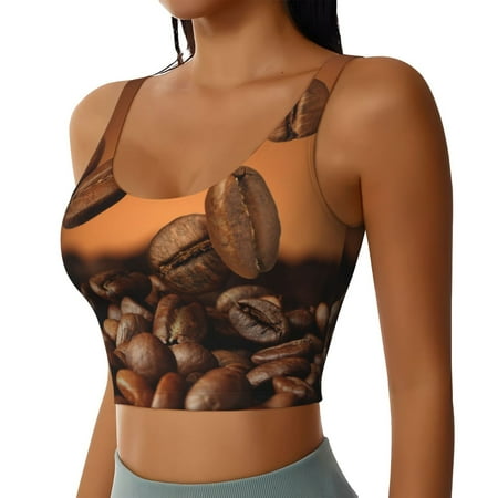 Picia Coffee Beans Sports Bra for Women Padded Strappy Sports Bras Medium Support Yoga Bra with Removable Cups Running Yoga Bra-Small