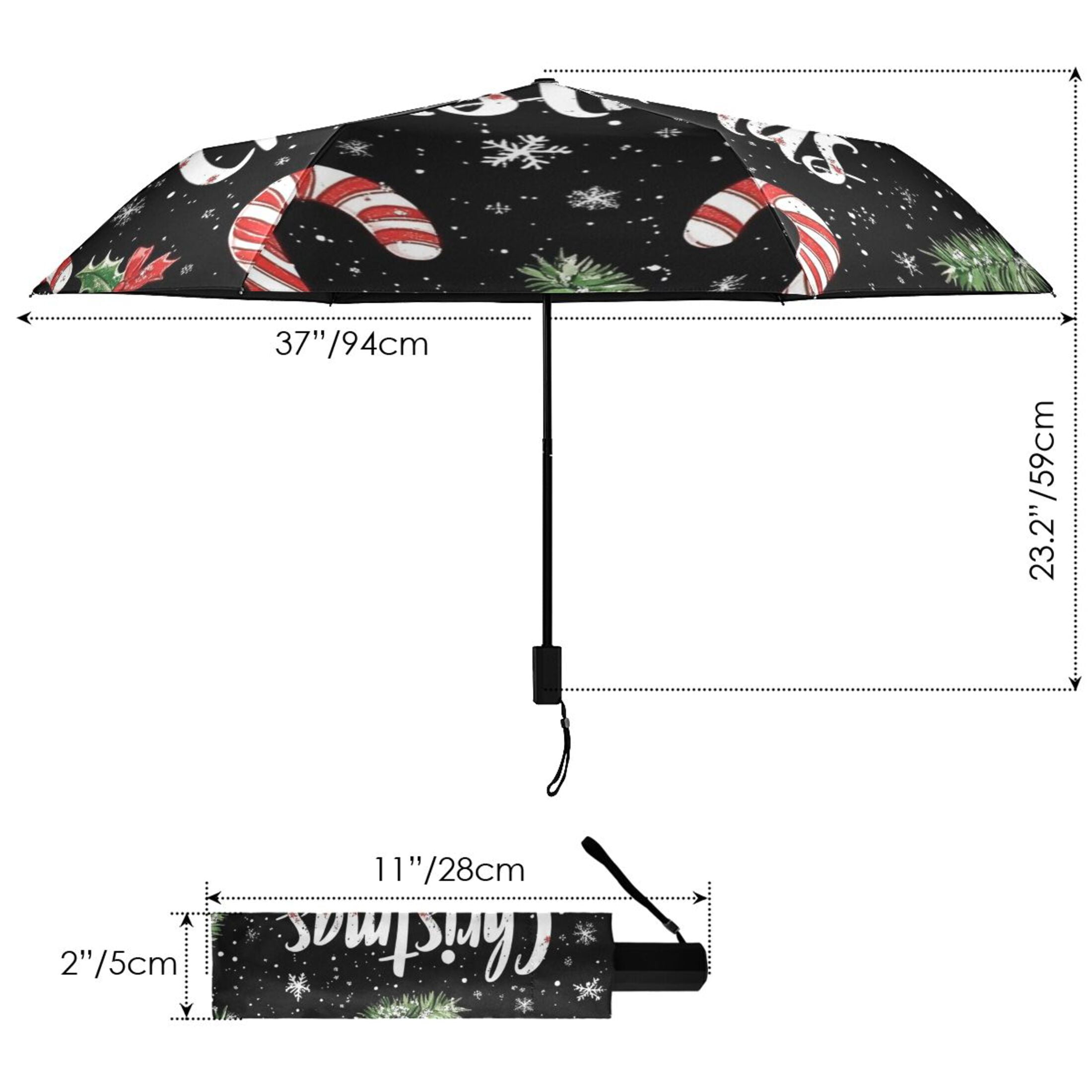 Pine Leaves Candy Canes Christmas Snowflakes All Weather Umbrella Triple Folding Parasol 6 Ribs UV Protection Portable