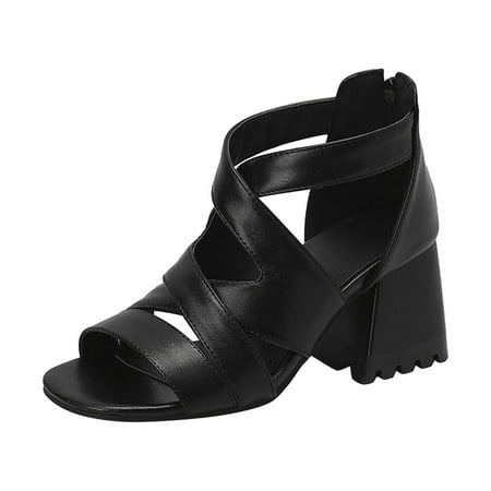 

Ramiter Womens Shoes Heels for Women Ladies Fashion Leather Snakeskin Hollow Open Toe Thick High Heel Back Zipper Roman Sandals Black