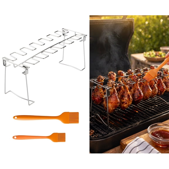 Stainless Steel Chicken Leg Rack, 14 Slot Chicken Leg & Wing Rack for Grill or Oven, BBQ Drumstick Holder Roasting Rack, Includes 2 Silicone Basting Brushes