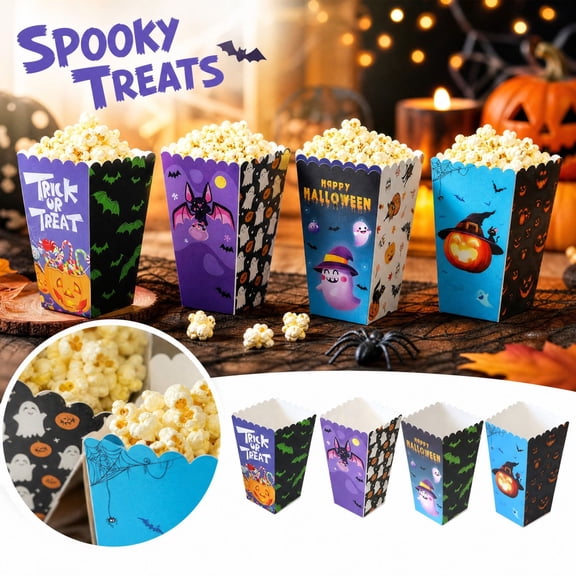 MInHoues 4 Pcs Halloween Treat Boxes, Festive Party Snack Containers for Popcorn Candy, Cartoon Ghost Bat Pumpkin Paper Goodie Bags for Kids Holiday Baking Celebration