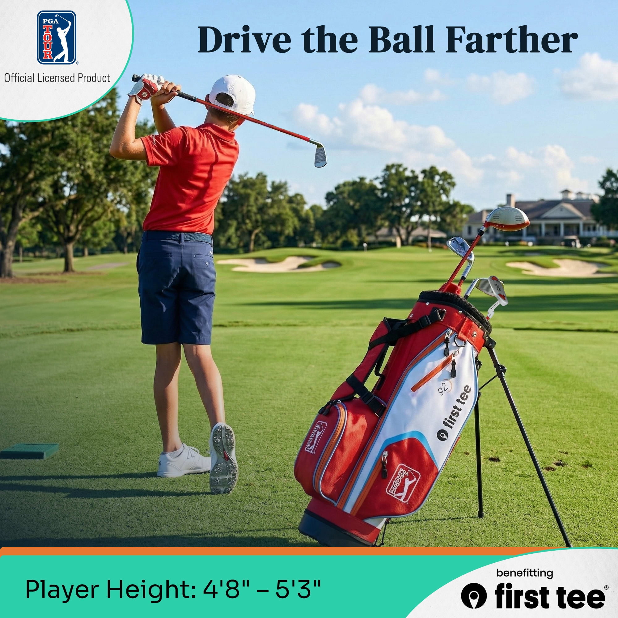 PGA TOUR x First Tee Junior Golf Club Set with Stand Bag, 7-Piece, Right-Handed, Kids Heights 4'8" to 5'3", Red