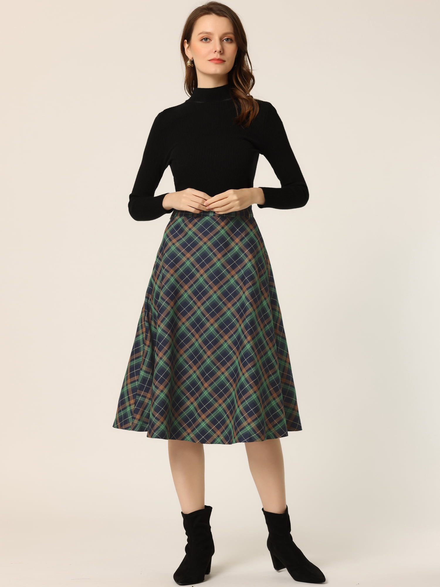 DARING DIVA Women's Plaid Belted Vintage A-Line Midi Skirt 3XL Blue Green