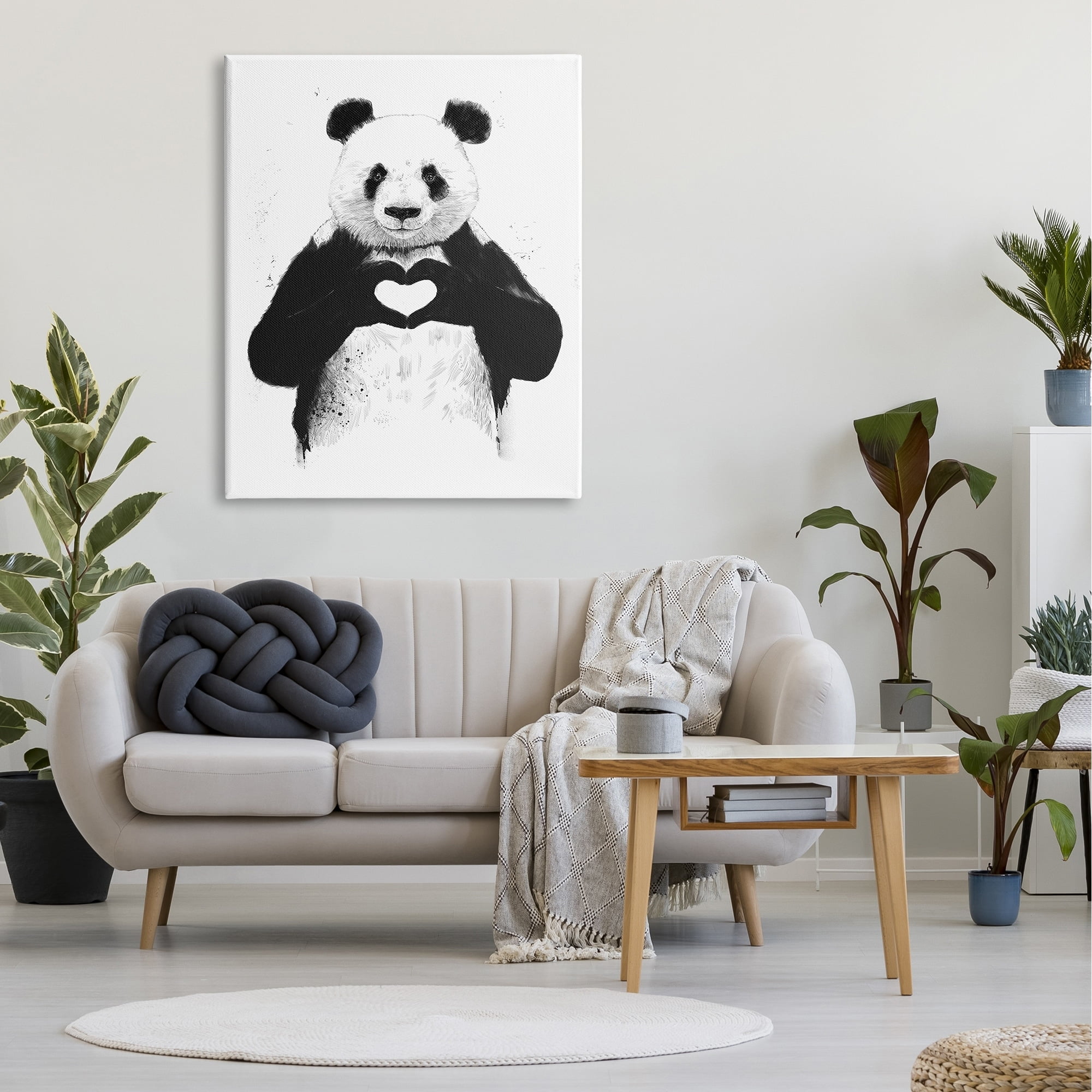 Stupell Industries Black and White Panda Bear Making a Heart Ink Illustration Canvas Wall Art by Balazs Solti