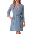 thumbnail image 2 of JWD Womens Waffle Wrap Robe V Neck Tie Waist 3/4 Sleeve Lounge Nightgown Soft Sleepwear Light Blue L, 2 of 5