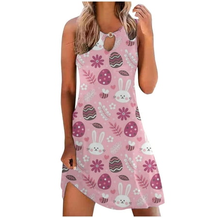 

jsaierl Easter Dresses for Women Bunny Egg Print Summer Dresses Sleeveless Midi Sun Dress A-Line Tank Dresses Happy Easter Gift for Women