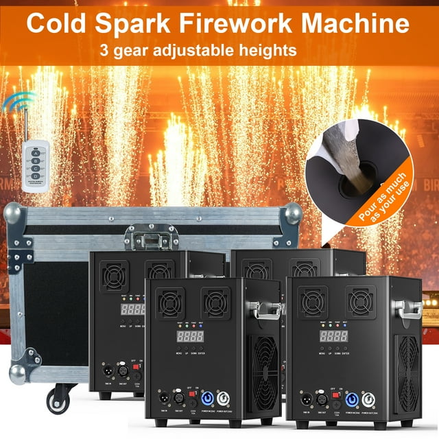 4 Pcs Machine à Feu d'Artifice Froid, 3 Vitesses Hauteur Réglable DMX Machine à Effet de Scène avec Étui de Vol pour Mariage Scène DJ Disco Danse Spectacle, Noir