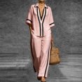 thumbnail image 4 of BRELIL Women Plus Size Two Piece Sets V Neck Short Sleeve Shirt Wide Leg Long Pants Casual Lounge Solid Boho Vacation Travel Outfits Fall Summer Tracksuit, Pink 2XL, 4 of 9