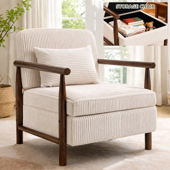 Accent Chair with Hidden Storage, LEGAHOME Antique White Modern Arm Chair for Living Room, Comfy Corduroy Reading Armchair for Bedroom, with Solid Wood Leg for 250lbs Weight Capacity