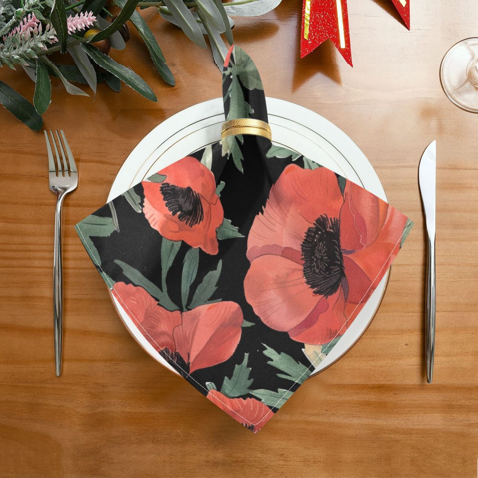 JSTEL Poppy Flowers Cloth Napkins Set of 6, 20x20 Inch Washable and Reusable Napkin for Decoupage Dinner Party Everyday Use