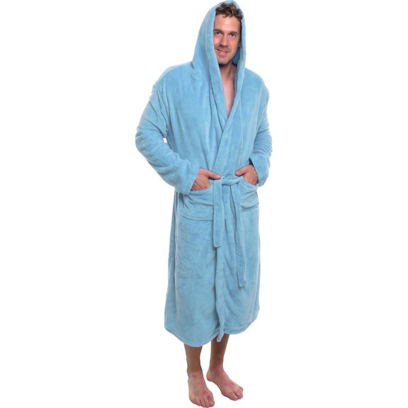 ROSS MICHAELS NEW Mens Plush Shawl Kimono Hooded Bath Robe (Light Blue, S/M)