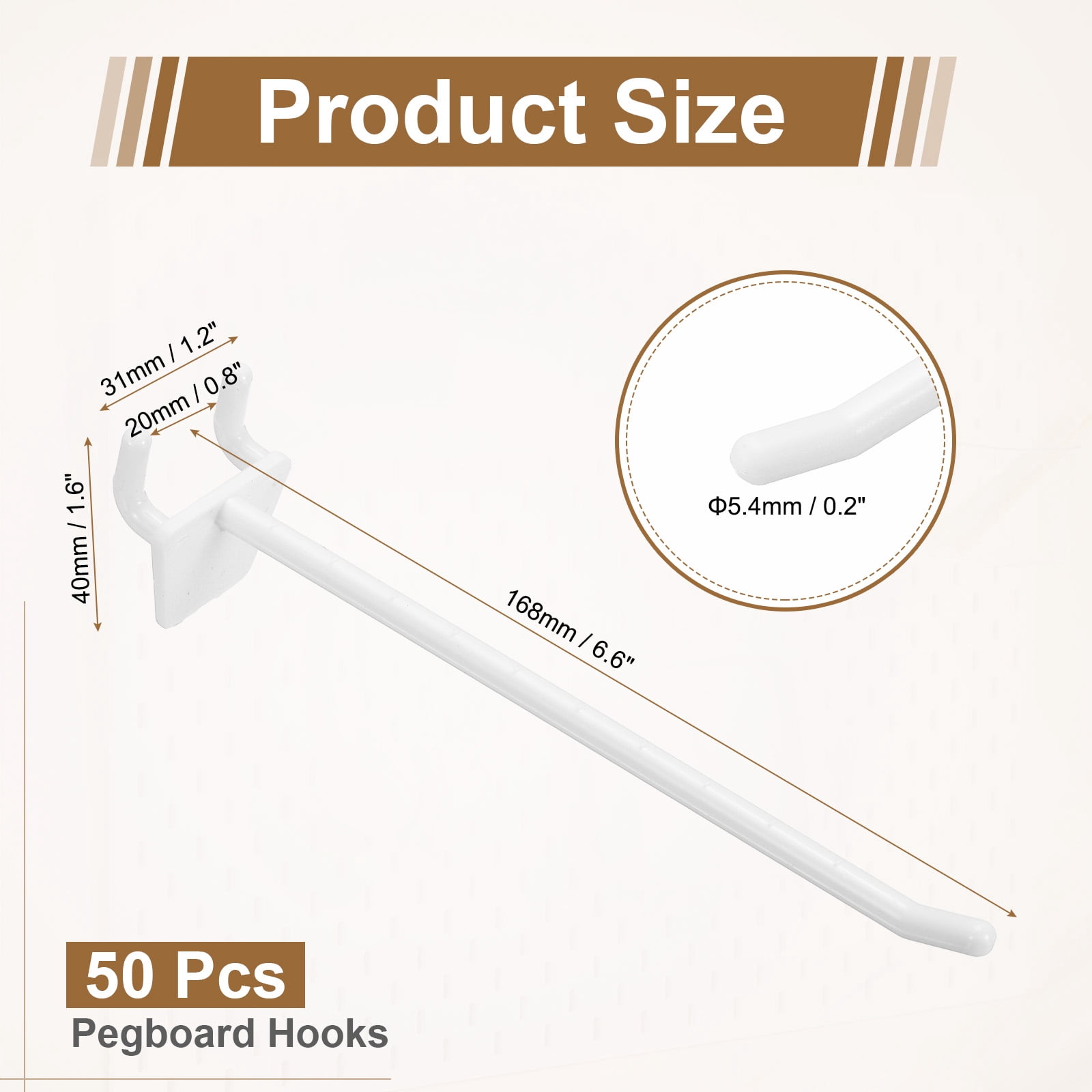 Uxcell 50 Pack Pegboard Hooks, 6 Inch Durable Plastic Pegboard Display Hooks Peg Board Organizer Accessories for Garage Craft Organization Wall Shop Gridwall Jewelry, White