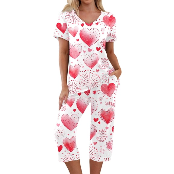 Garbnen Valentines Pj Sets for Woman V Neck Short Sleeve Top with Capri Pants Heart Print Pajamas Lounge Set with Pockets