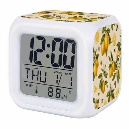 Lemons Digital Alarm Clock for Bedrooms,Smart LED Alarm Clock with 7 Color Changing Night Light,Rustic Bee Fruits Natural Flowers Leaf Vintage Silent Wake Up Clocks for Sleep Study Cooking 3.2x3.2