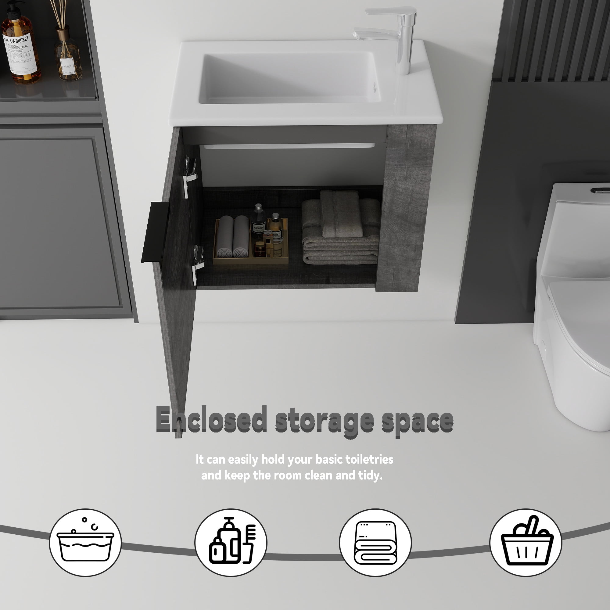 Leumius 22" Floating Bathroom Vanity with Ceramic Sink & Soft-Close Doors,Wall-Mounted Vanity for Small Space,Bathroom,Grey
