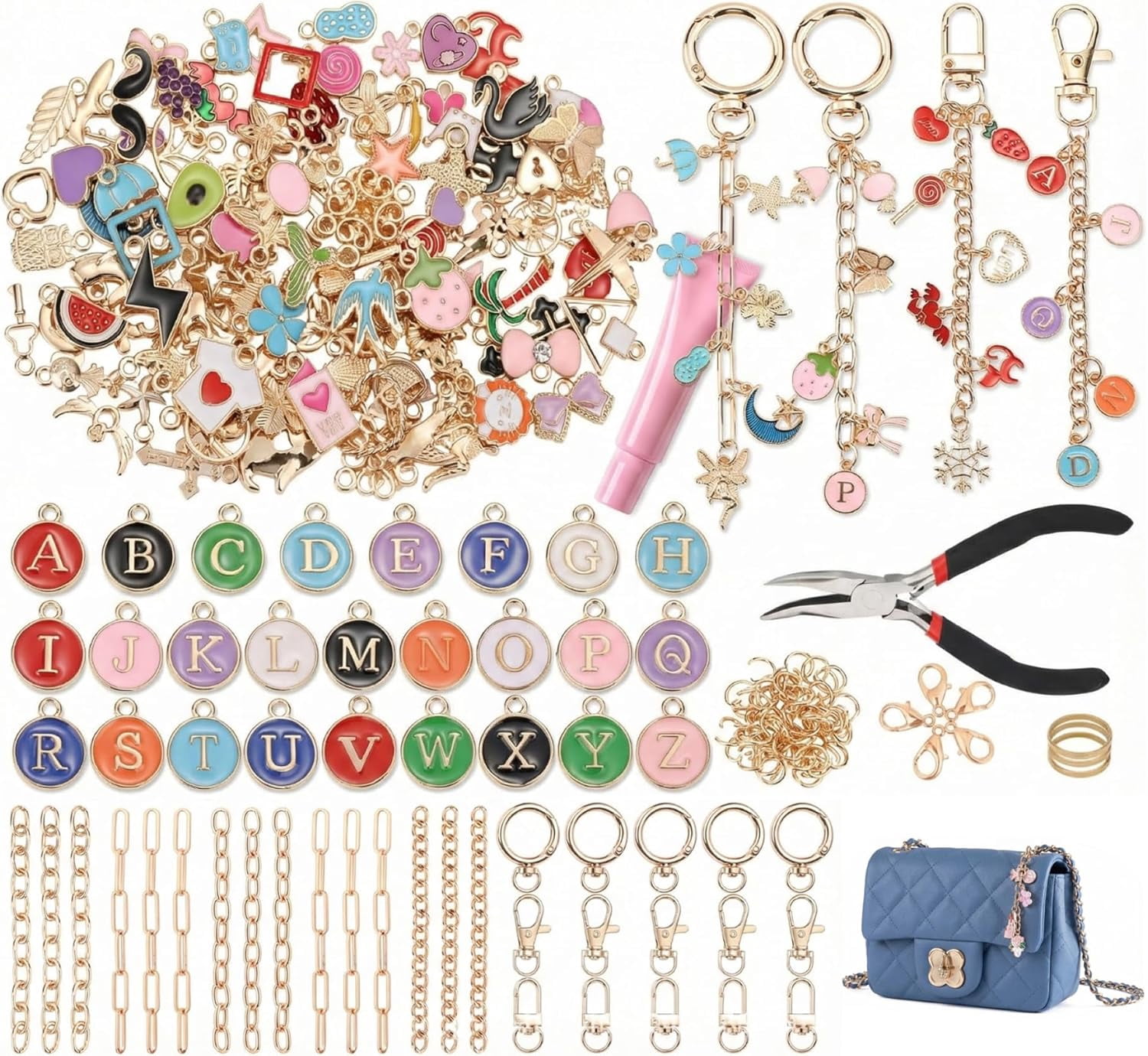 Lip Gloss Keychain Making Kit – 500 PCS DIY Key Chain Kit with Clips, Chains, Charms, Jump Rings & Jewelry Pliers for Bag Charms(RL 1 Set)