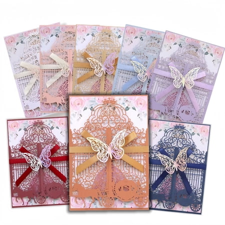 8 Color Assorted Luxury Laser Cut Wedding Invitation Sample Collection with Butterfly Ribbon & Envelope, Elegant Royal Gatefold Invite Set