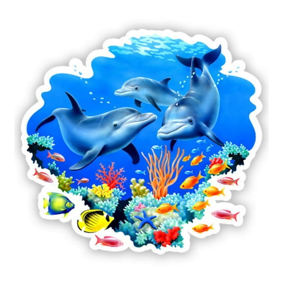 Dolphins Coral Reef - 3" Vinyl Sticker - For Car Laptop I-Pad Phone Helmet Hard Hat - Waterproof Decal