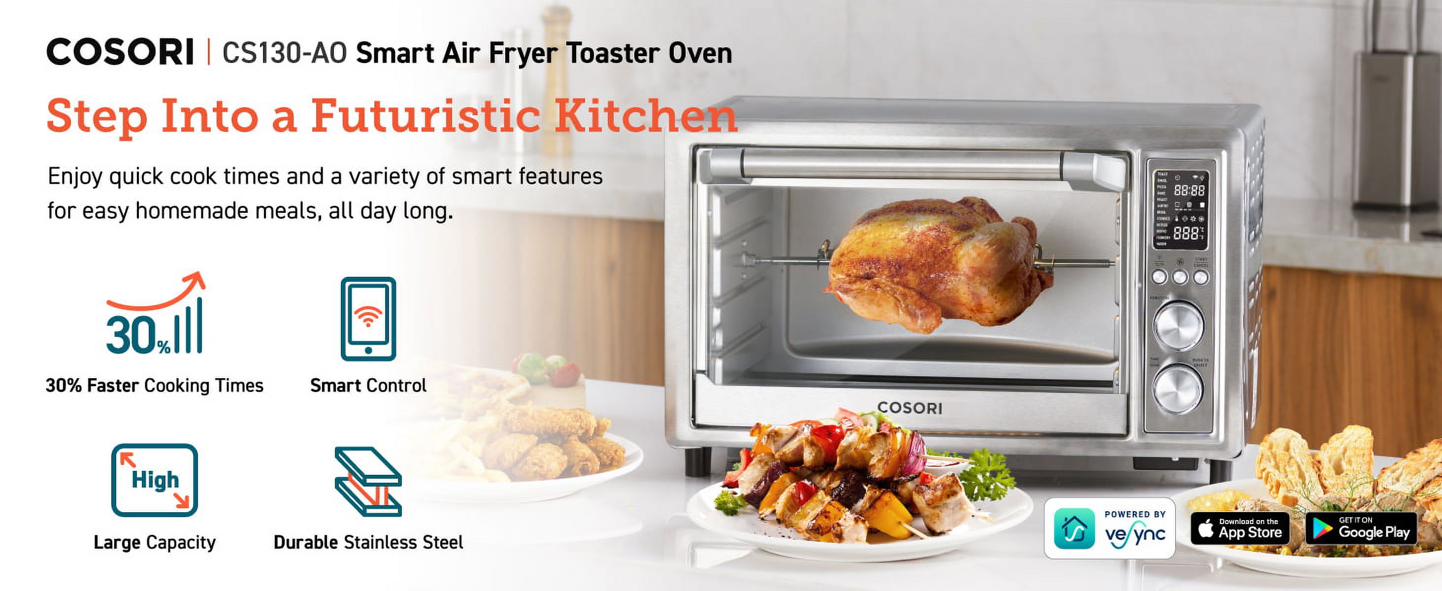 COSORI Smart Air Fryer Toaster Oven, Large 32-Quart, Stainless Steel, 12-in-1, Silver, CS130-AO - image 3 of 12
