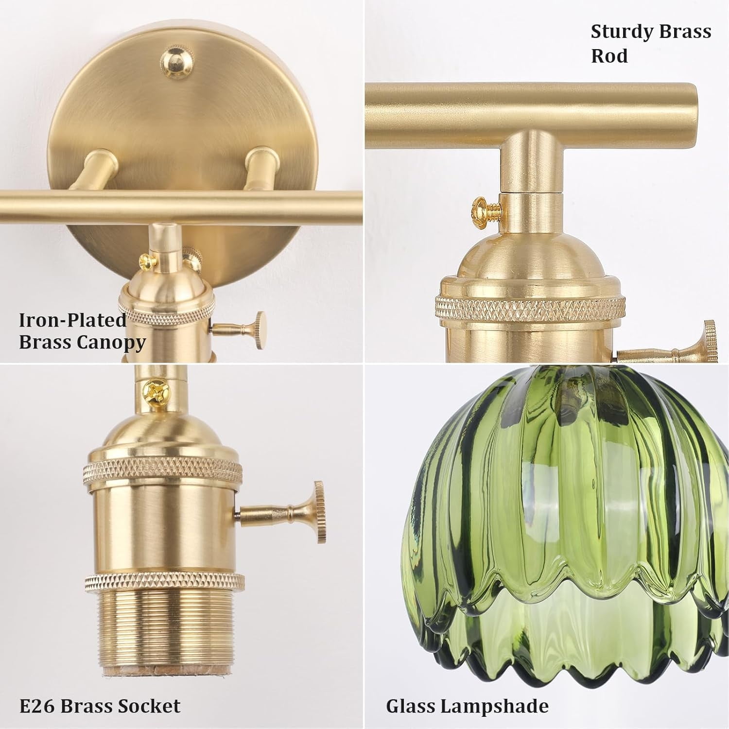 Bathroom Light Fixtures, 3-Light Brass Vanity Wall Light Over Mirror with Green Tulip Glass Shade for Bedroom Living Room (Bulb Not Included)