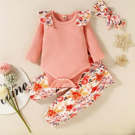 

Patgoal Newborn Girl Clothes 3Pcs Baby Girl Clothes Set Newborn Toddler Ruffle Flower Print Long Sleeve Romper Bodysuit +Pants+Headband Infant Clothing Suit