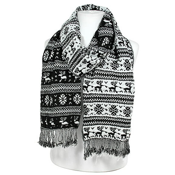 Scarf - Knitted Reversible Nordic Print w/ Fringes - Black – SF-BL1171WM-BK