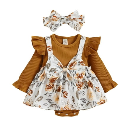 

JAKANYQ Bodysuits Infant Girls Ruffles Long Sleeve Floral Prints Bowknot Romper Newborn Bodysuits Headbands Set Loose-Fitting