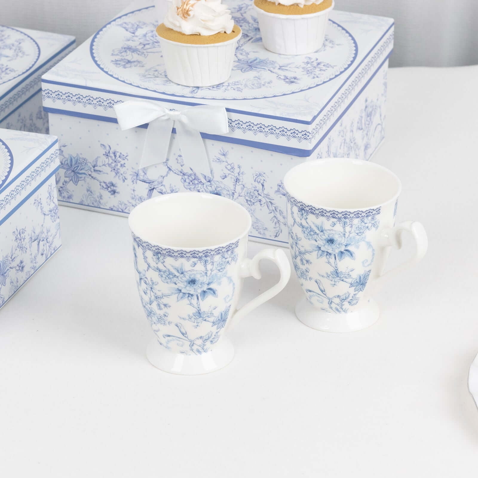 Efavormart 2 Pack White Blue Chinoiserie Porcelain Coffee Mugs With Gift Box and Satin Ribbon Handle, Bridal Shower Gift Set