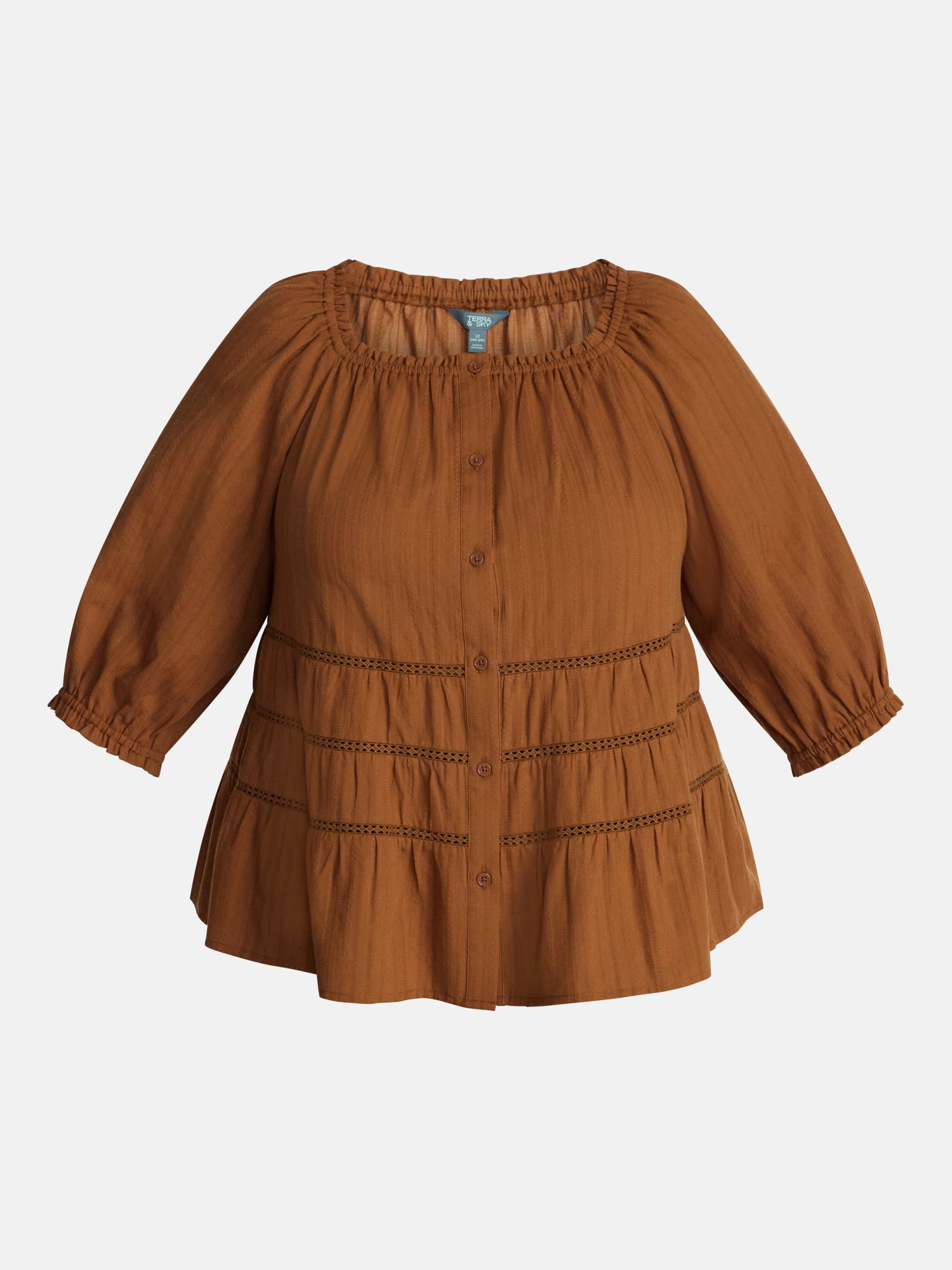 Terra & Sky Women's Plus Eyelet Trim Swing Top with Elbow Length Sleeves, Sizes 0X-5X