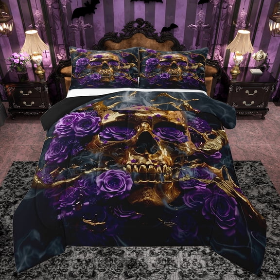 Feelyou 3D Gold Skeleton Full Size Comforter Sets for Teens, Romantic Purple Rose Bedding Comforter Set, Gothic Valentines Day Reversible Bedding Sets, Microfiber Bedroom Decor, 3-Piece