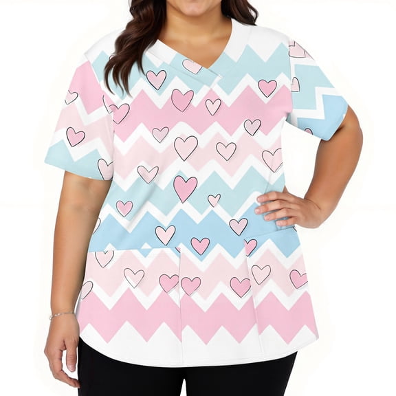 Fabrcox S-5XL Valentine Scrub Tops Women Plus Size Love Heart Graphic Holiday Scrub Tops for Women V Neck Short Sleeve Women’s Nurse Uniforms with Pockets