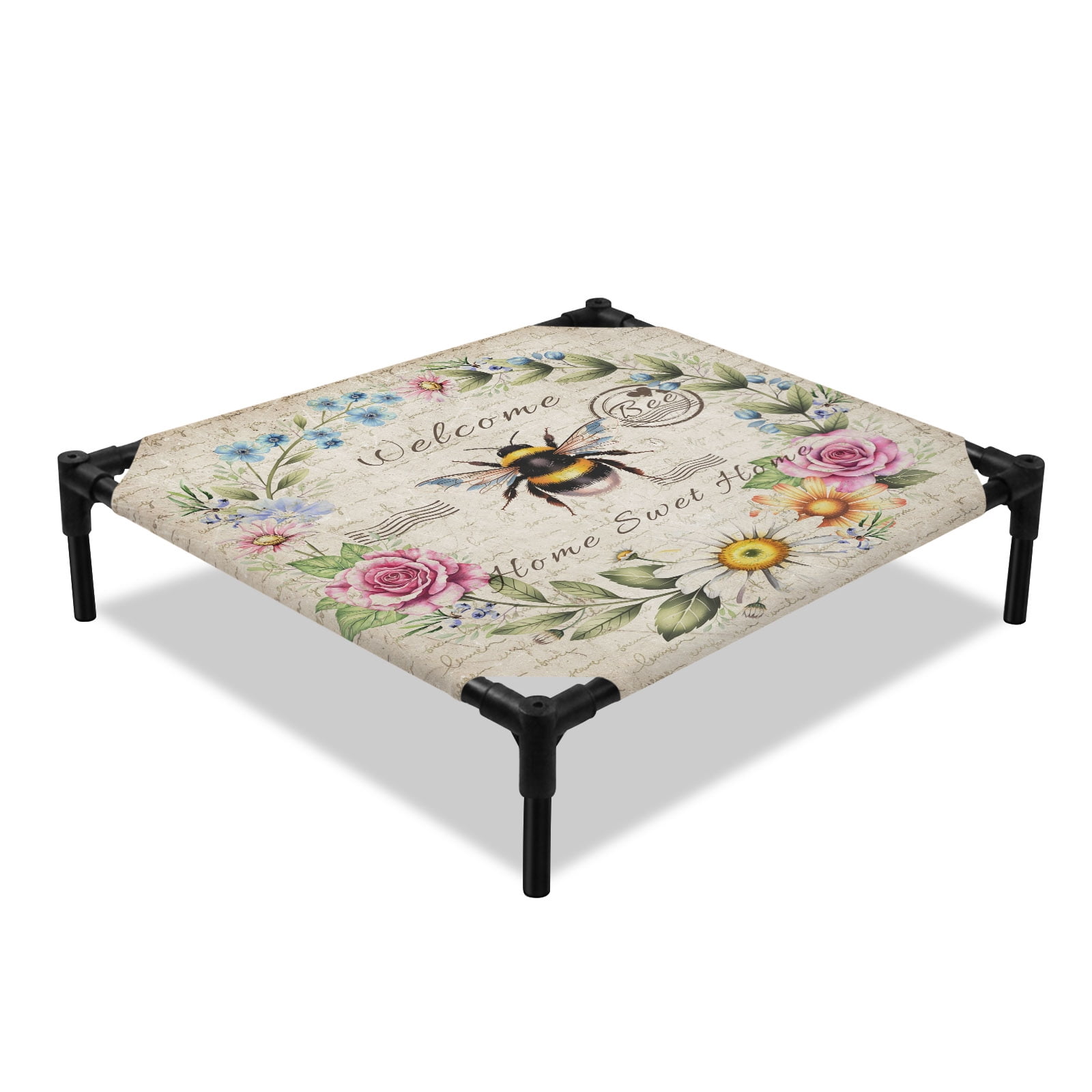 Spring Florals Elevated Dog Bed Watercolor Country White Yellow Pink Floral Bee Vintage Paper Cooling Breathable Outdoor Raised Dog Cot Bed with Metal Frame Non-Slip Feet for Small Dog 20x20in