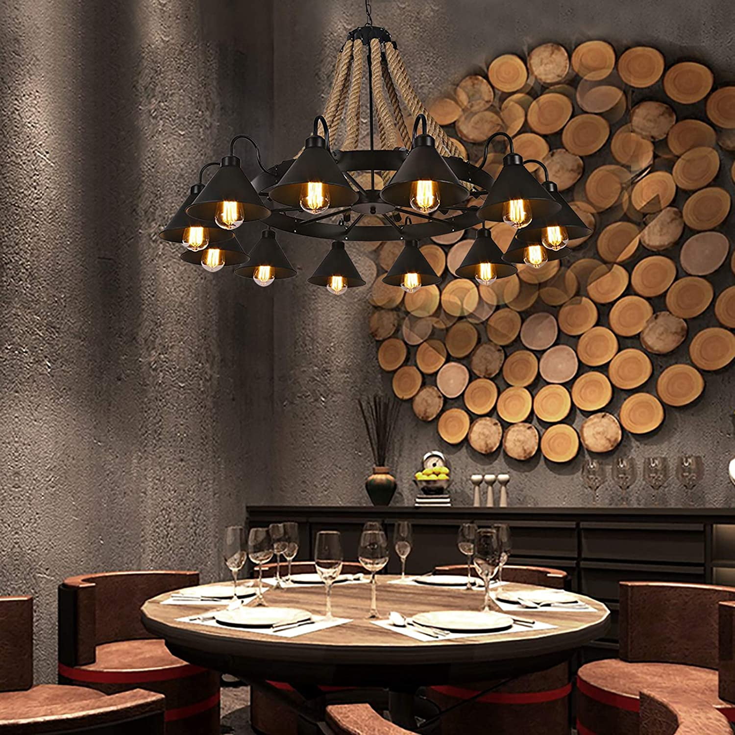 Miumaeov 12 Lights Industrial Rustic Chandelier Rope Pendant Light Farmhouse Round Wagon Wheel with Metal Shade Pendant Lighting Fixture for Dinning Room Kitchen Island