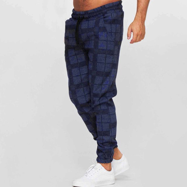Pantalones deportivos de longitud completa con estampado a cuadros para hombre, informales, con cordón y tobillo, de poliéster