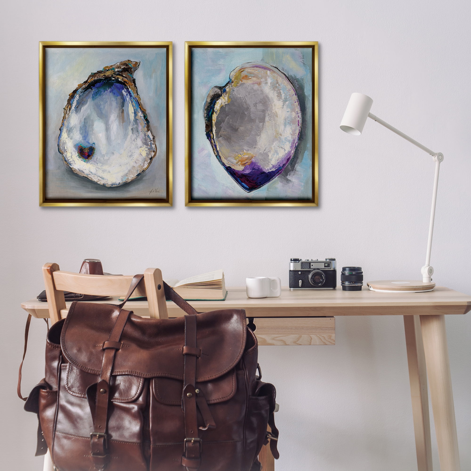 Stupell Industries Open Oyster Clam Shell Nautical & Beach Painting Gold Floater Framed Canvas Art Print Wall Art, 31 x 25, Set of 2
