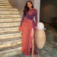 thumbnail image 4 of Women's O-Neck Long Flare Sleeve Pleated Split Asymmetrical Long Dress, Gauze Spliced, Slight Perspective, Sexy, 4 of 17