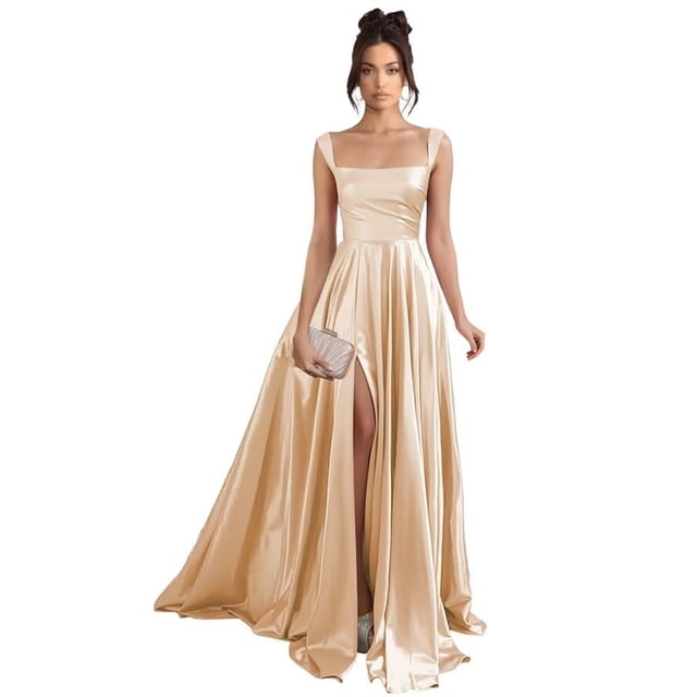 Vestido de fiesta Stylefun Champagne Satin A Line con abertura 2025