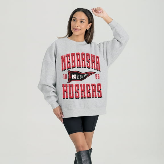 Women's Gameday Couture Ash Nebraska Huskers Oversized Pennant Pride Premium Fleece Sweatshirt