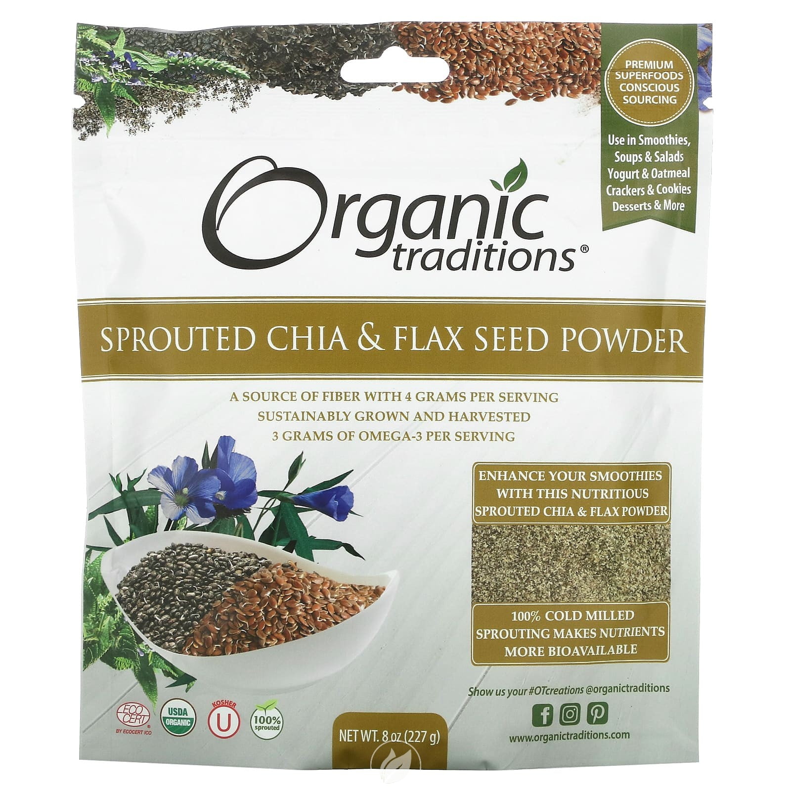 Organic Traditions, Sprouted Chia & Flax Seed Powder, 8 oz (227 g ...