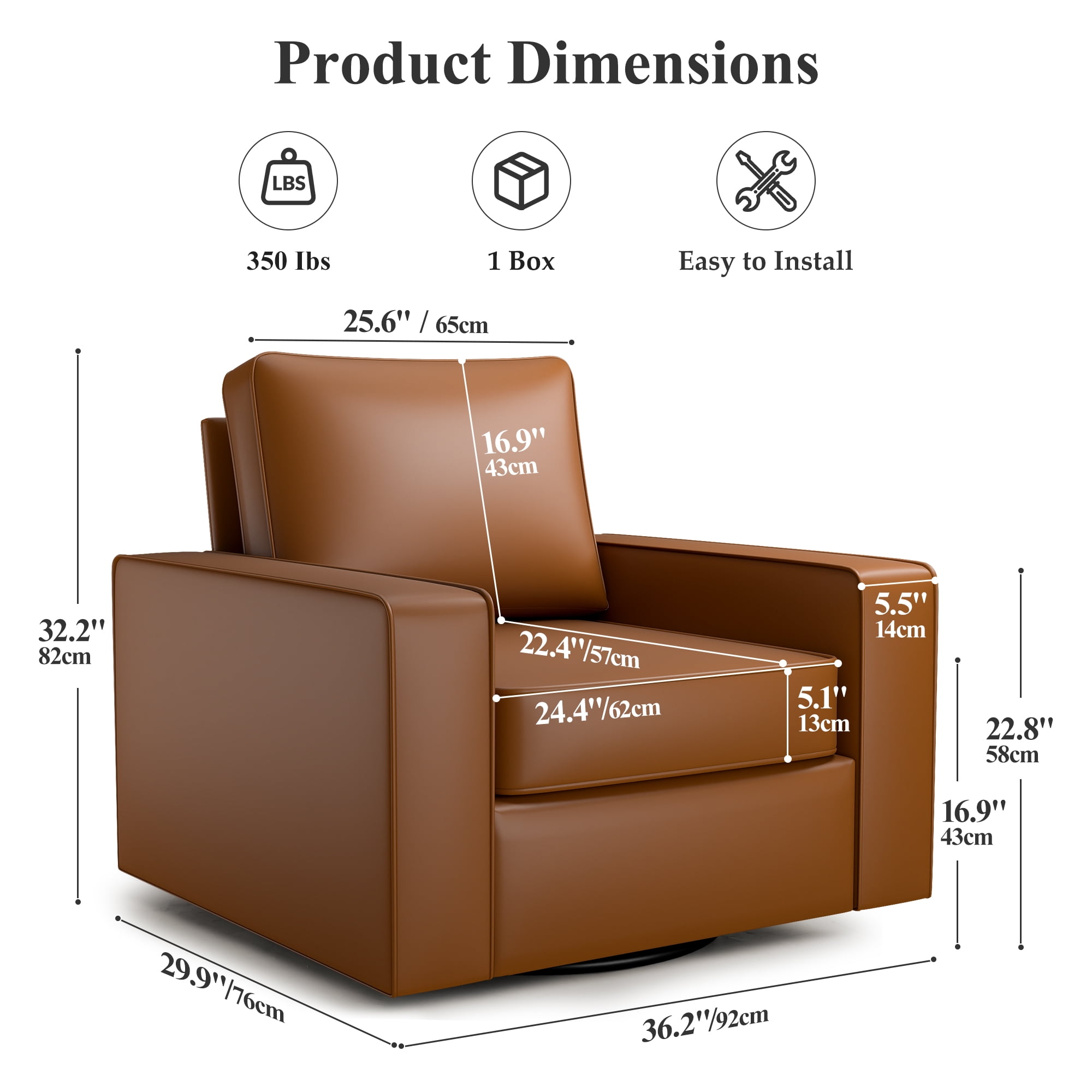 COOLHUT 360° Swivel Accent Chair Set of 1, 36.2" Wide PU Leather Accent Chair Armchair, Comfy Upholstered Single Sofa Chair for Living Room and Bedroom, Brown