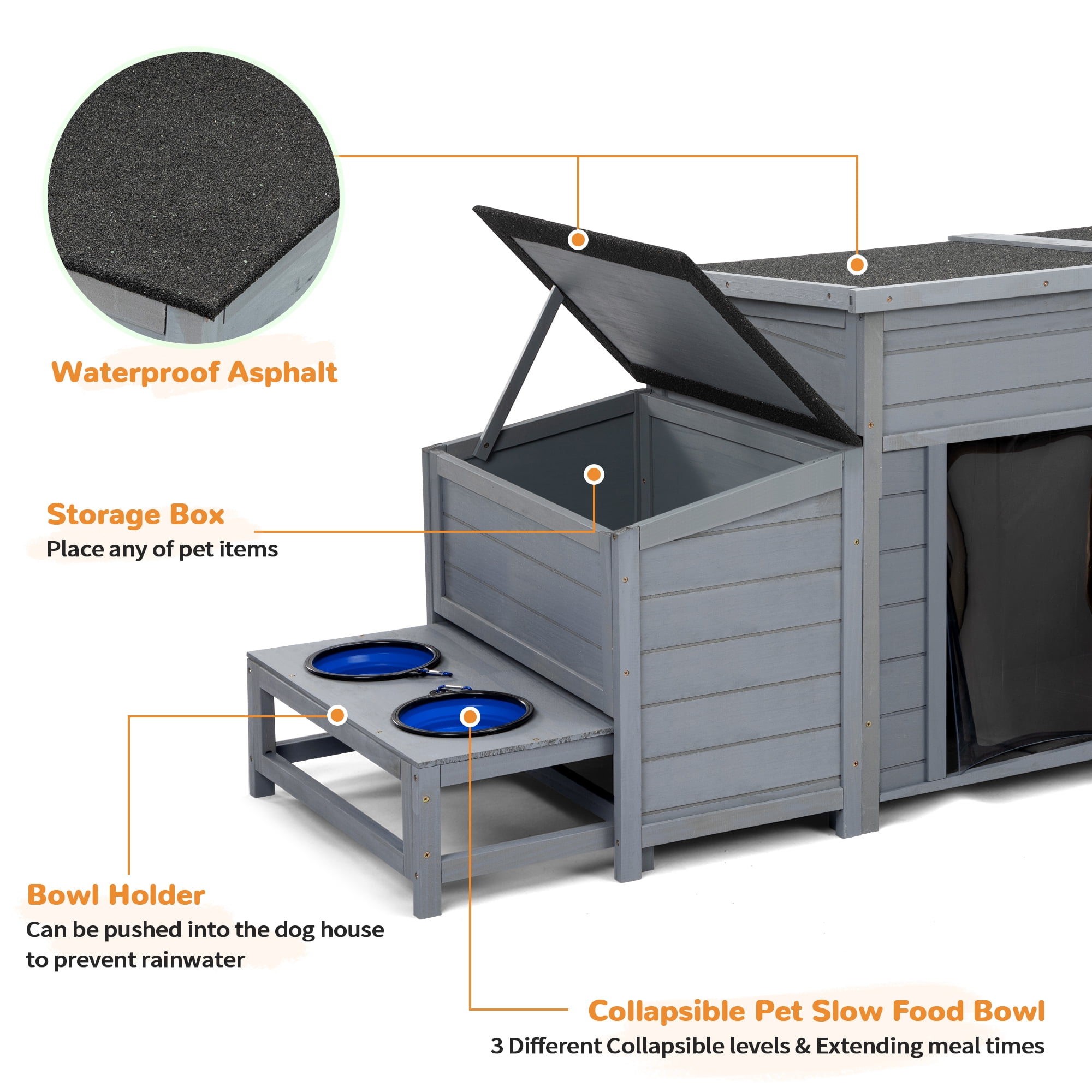 COZIWOW Dog House Outdoor Wooden Dog Kennel Weatherproof with Slow Food Bowls, Storage Box, Open Roof