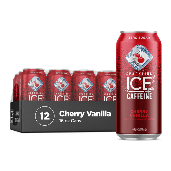 Sparkling Ice +Caffeine Zero Sugar Flavored Sparkling Water, Cherry Vanilla Sparkling Water, 12 Pack, 16 Fl Oz