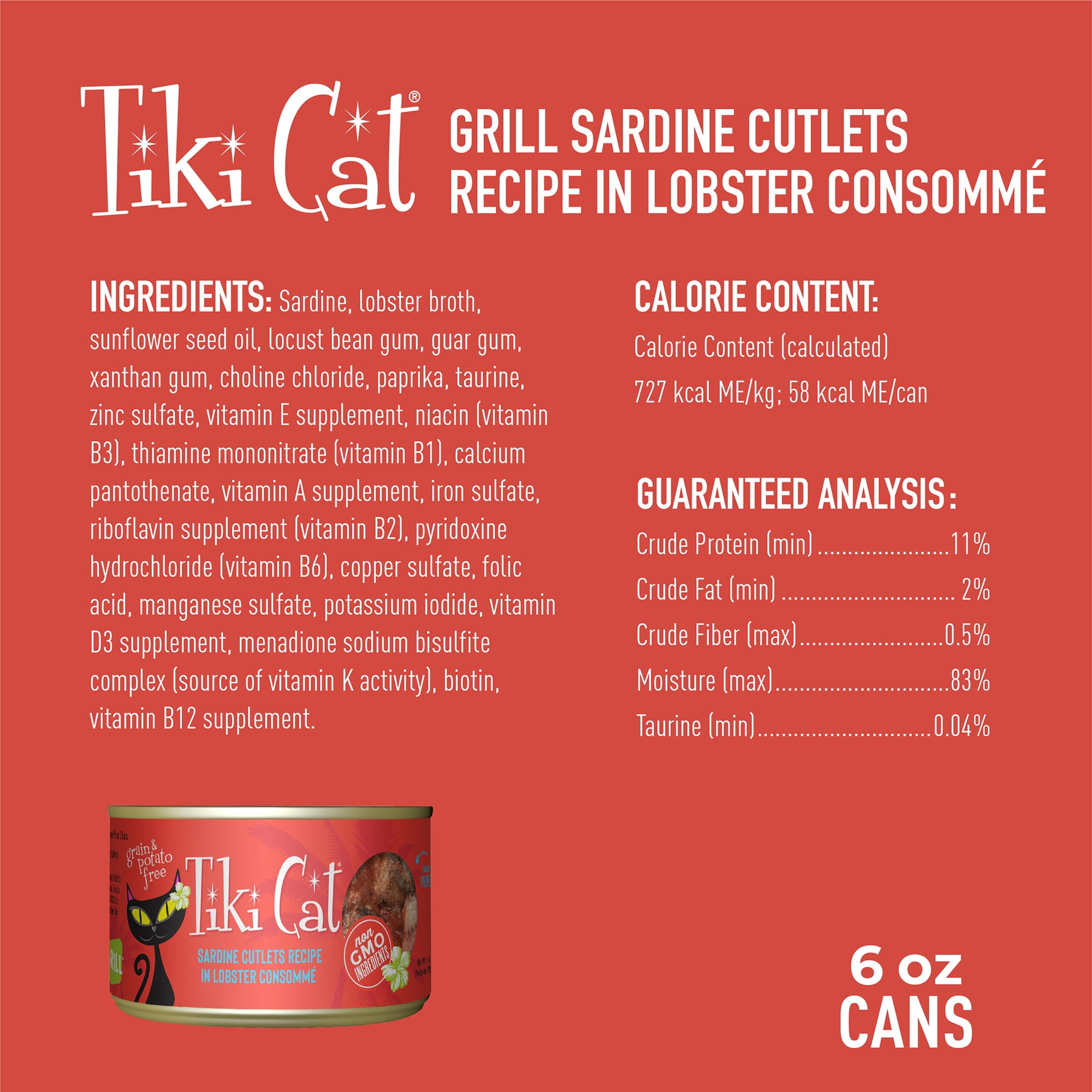 (6 pack) Tiki Cat Grill Wet Cat Food, Sardine Cutlets Recipe in Lobster Consomme, 6 oz. Can