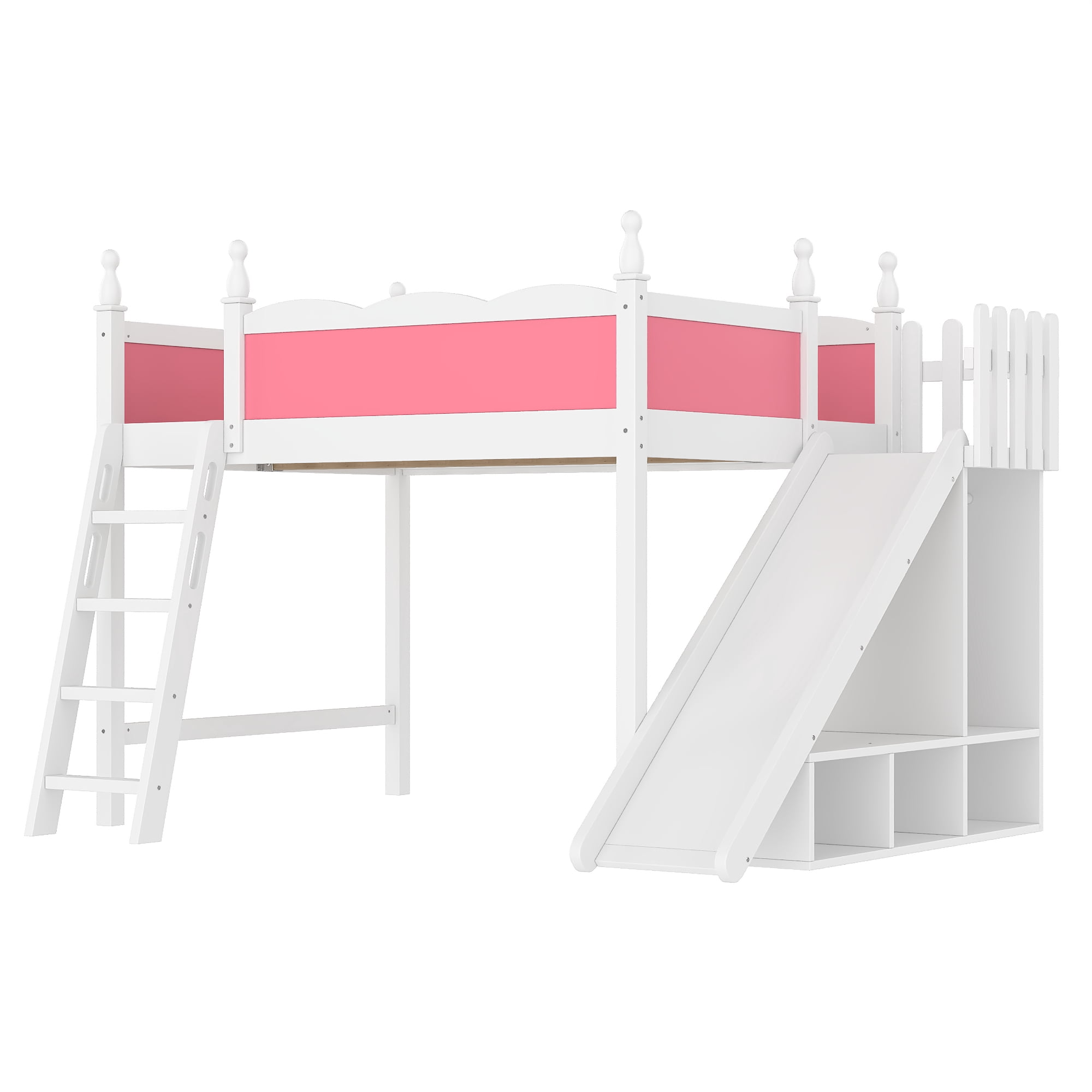 Leumius Full Loft Bed Frame with Storage Shelves and Wardrobe, Solid Wood Loft Bed with Detachable Slide and Ladders for Kids Teens Adults Pink and White