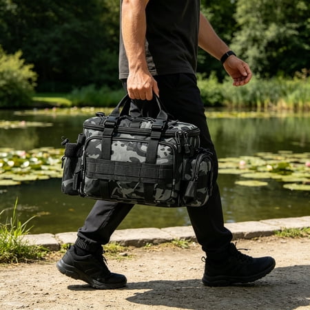 XINGXIANG-40cm Multifunctional Fishing Gear Bag Camo Durable Oxford Tackle Storage Bag with Adjustable Strap for Outdoor Sports (A)