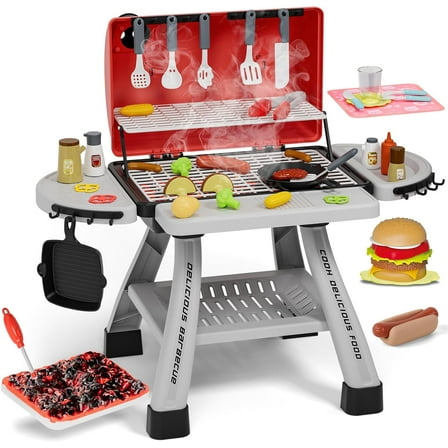 Kids Toys Kitchen Playset, Kids BBQ Grill Playset with Smoke, Sound & Light, Toy Grill for Kids, Pretend Play Food Hamburger, Interactive Toys Barbecue Cooking Game for Toddlers Boys Girls 3-5