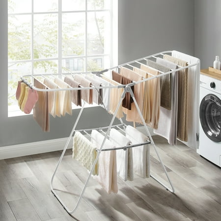 songmics foldable clothes drying rack with sock clips laundry drying rack with height-adjustable gullwings white and gray