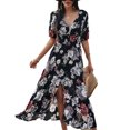 thumbnail image 4 of Guardurnaity Vestido largo de verano Traje de playa Algodón Cuello en V Mano de obra fina Patrón de flores de manga corta Exquisito elegante Vestidos Negro/L Guardurnaity AP018342-01, 4 of 6