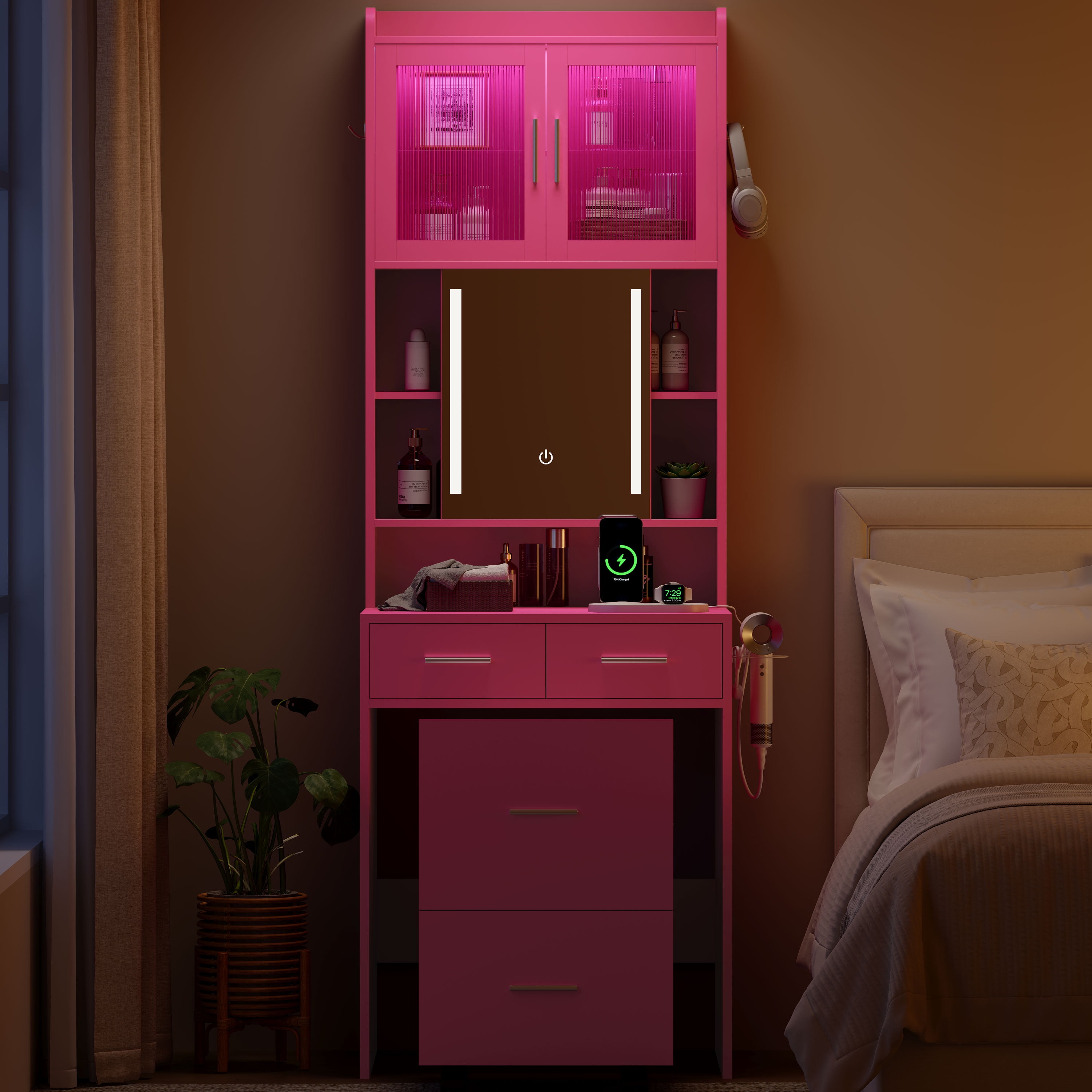Ktaxon Makeup Vanity Table for Small Spaces, Vanity Table Set with Charging Station and Sliding Mirror, Bedroom Makeup Table, Hot Pink