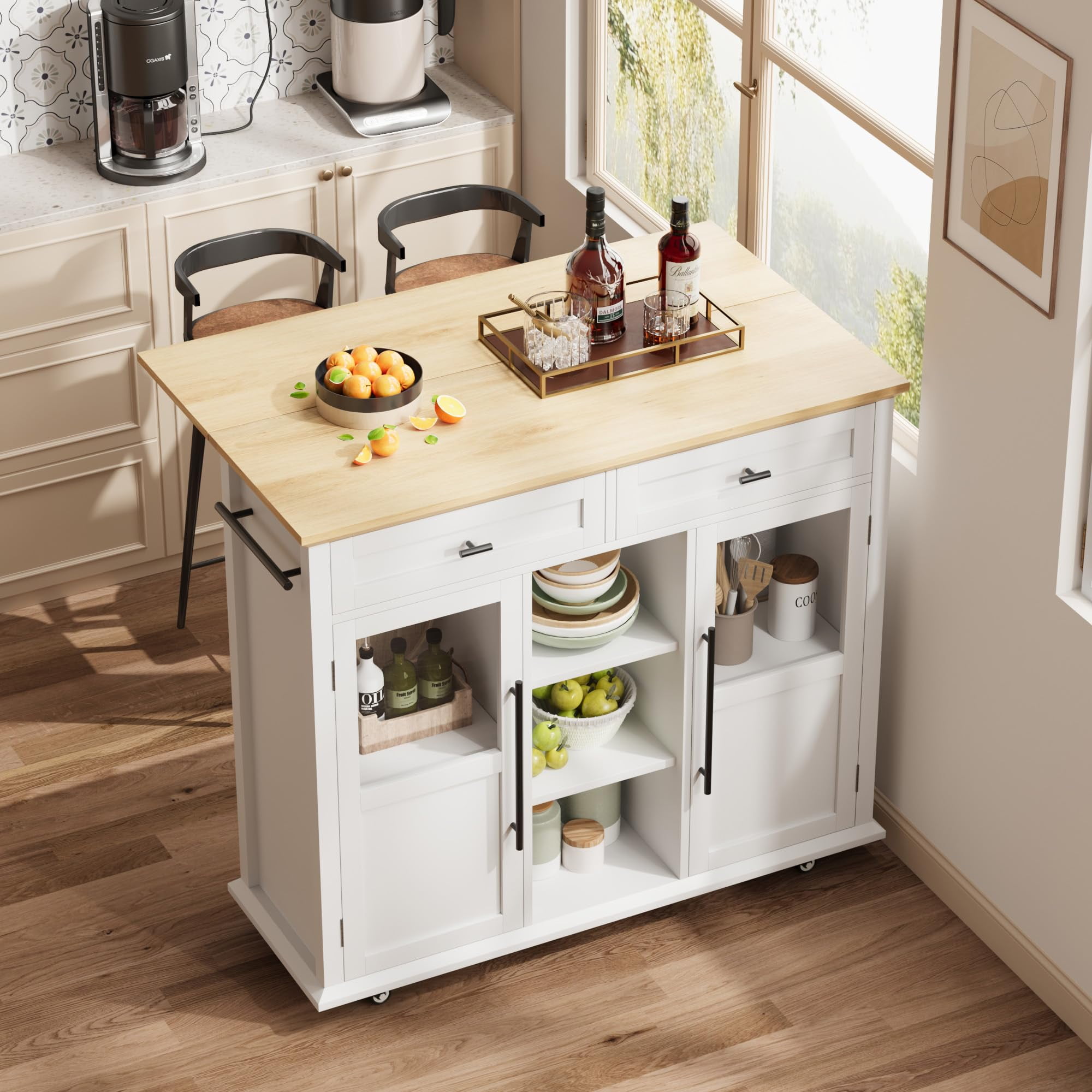 Kselythan Foldable Kitchen Island On Wheels,Rolling Kitchen Island Cart with 2 Glass Doors,Spice Rack & Towel Holder,Kitchen Island Table with Storage Cabinet,Compact Mobile Storage Cart for Kitchen